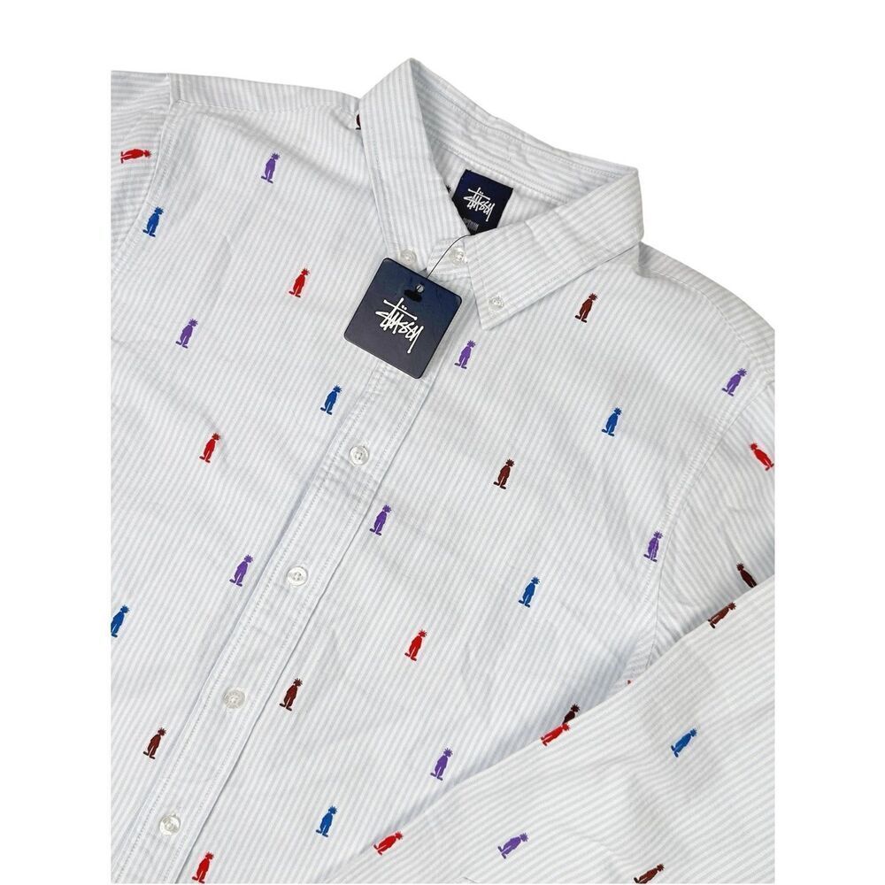 Stussy King Oxford Striped Button Down Shirt Mens Medium Long Sleeve Light Blue